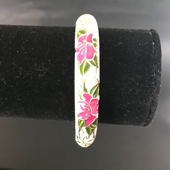 Enamel & Gold Tone Cuff Bracelet with Pink Flowers - Picture 1 of 7